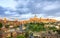 Siena sunset panoramic skyline. Mangia tower and cathedral duomo. Tuscany,