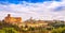 Siena sunset panoramic skyline. San Domenico and Duomo cathedral