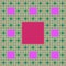 Sierpinski carpet patterns in fractal style, multicolored background in green, purple and red colors.