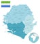 Sierra Leone administrative blue-green map with country flag and location on a globe.