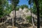 Sight of the Mayan pyramid in ruins in the archaeological Balamku enclosure in the reservation of the biosphere of Calakmul, Camp