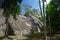 Sight of the Mayan pyramid in ruins in the archaeological Balamku enclosure in the reservation of the biosphere of Calakmul, Camp