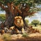 the sight of a pride of lions resting under the shade of a majestic baobab tree by AI generated