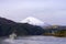 Sight seeing ship on Hakone Lake with Fuji mountain background,