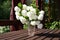 Sightly white flowers of viburnum on wooden table