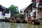 Sightseeing boats at jetty on canal in Zhujiajiao