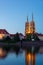 Sightseeing of Poland. Cityscape of Wroclaw, beautiful night view. The view at Tumski island and Cathedral of St John the Baptist