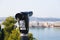 Sightseeing tourist coin operated telescope at watching point with scenic view at the port of Ancona, Italy