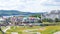 Sightseeing views colorful hotels at Mont Tremblant ski Resort in summer. Ski resort village view from funicular cabin. Mont-