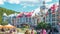 Sightseeing views colorful hotels at Mont Tremblant ski Resort in summer. Ski resort village view from open funicular cabin. Mont-