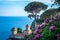 Sightseeing Villa Rufolo and it`s gardens in Ravello mountaintop setting on Italy`s most beautiful coastline, Ravello, Italy