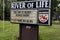 Sign for the Assembly of God`s River of Life church in Belleville, Michigan