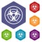 Sign of biological threat icons set hexagon