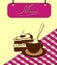 Sign burgundy menu cell with cake and cup. Vector