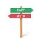 Sign direction with myth and fact arrow, 3d wooden signpost for true or false facts