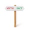 Sign direction with myth and fact arrow, 3d wooden signpost for true or false facts