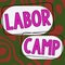 Sign displaying Labor Camp. Business overview a penal colony where forced labor is performed
