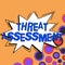 Sign displaying Threat Assessment. Business approach determining the seriousness of a potential threat