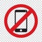 Sign do not use mobile phone. Don`t talk smartphone sign icon in flat style. Transparent background. Vector design danger illustra