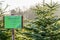 Sign with German lettering `Christmas trees sale` in front of frost covered evergreen fir trees on a Christmas tree farm