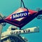 sign of Gran Via metro station in Madrid, Spain, with a retro effect