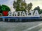 Sign I love Antalya on the city square. Red heart and white letters on the background of a