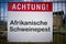 Sign with the inscription `Achtung Afrikanische Schweinepest` Attention African swine fever