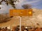 Sign with the inscription in Greek and English: `Prehistoric town of Akrotiri` near the archaeological site of Akrotiri.