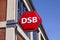 Sign with logo for DSB - abbreviation of Danske Statsbaner Danish State Railways, is the largest Danish train operating company