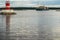 Sign on the natural pond, the river,the sea of danger and the cargo ship