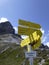 Sign post Burgstalljoch at Stubai high-altitude hiking trail, lap 1 in Tyrol, Austria
