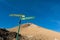 Sign post guiding trekkers through volcanic landscape.