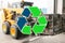 Sign recycling waste. Special transport at the waste processing plant carries garbage for recycling blurred in the