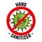 A sign for sanitizer, disinfectant, antibacterial agent with a crossed-out cartoon virus on a white background.