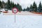 Sign on skiing piste saying `Danger Ski slope blocked`