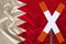 Sign, stop, attention against the background of the silk national flag of Bahrain, the concept of border and customs control,