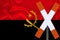 Sign, stop, attention on the background of the silk national flag of Angola, the concept of border and customs control, violation