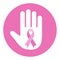 Sign Stop Breast Cancer. White hand with pink ribbon on pink background