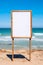 sign on a tranquil seashore, providing a mockup with ample copy space for text messages or communication.