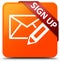 Sign up (edit mail icon) orange square button red ribbon in corn