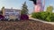 Sign for Vernal Utah, with its famous pink dinosaur statue, taken at dusk. Panning upwards