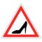 Sign woman`s Shoe in red triangle, woman driving car