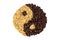 Sign Yin and Yang with coffee and oat beans on a white background, isolate. Breakfast concept, coffee beans and oatmeal in the