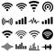 Signal set vector icons. Radio signals waves and light rays, radar, wifi, antenna and satellite signal symbols. Wireless technolog