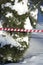 Signal striped tape near trees in the snow. Park hazard warning. Warning signs for people. Attention - ice. Vertical photo