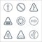 Signaling line icons. linear set. quality vector line set such as direction, hump, left hair pin, turn right, roundabout, fence,