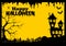 Signature happy Halloween on yellow  background with graveyard, pumpkins, spiders, bats and gloomy house