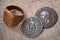 Signet ring and two coins of the ancient Roman Empire.