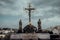 Significant monument - statue of crucified Christ on Charles bridge in Prague. 17th Century crucifixion statue with