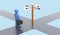 Signpost at crossroads with a figure of businessman as motivational theme. 3D render background